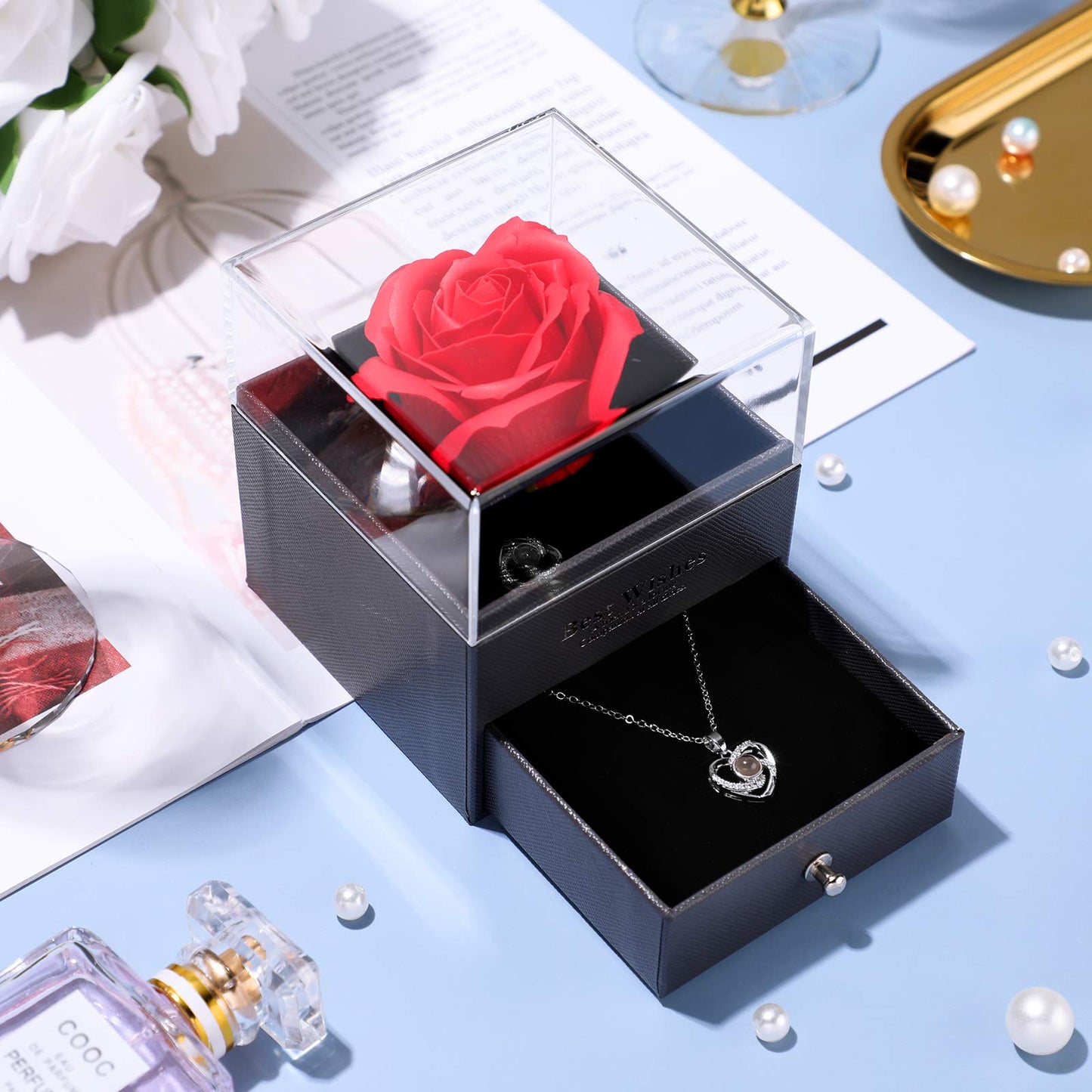 Collana con proiezione 'Ti Amo' in 100 lingue con scatola regalo rosa