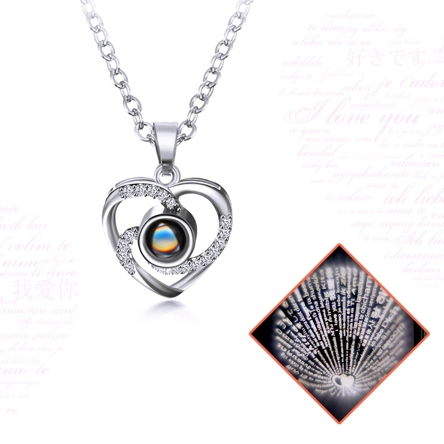Collana con proiezione 'Ti Amo' in 100 lingue con scatola regalo rosa